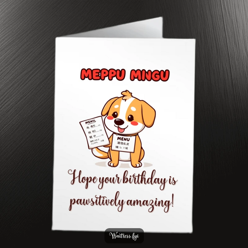 Funny Free Printable Dog Birthday Card: Cartoon dog with nametag holds a menu, ready to take your order with a goofy grin.