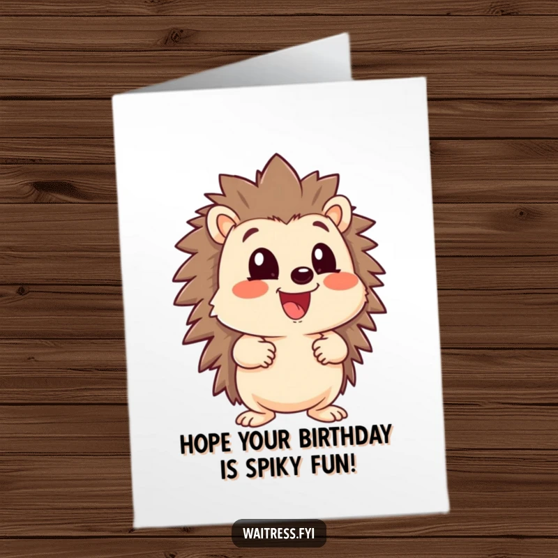 Funny Free Printable Birthday Card: A happy hedgehog holds a comically large menu, eager to present birthday delights.