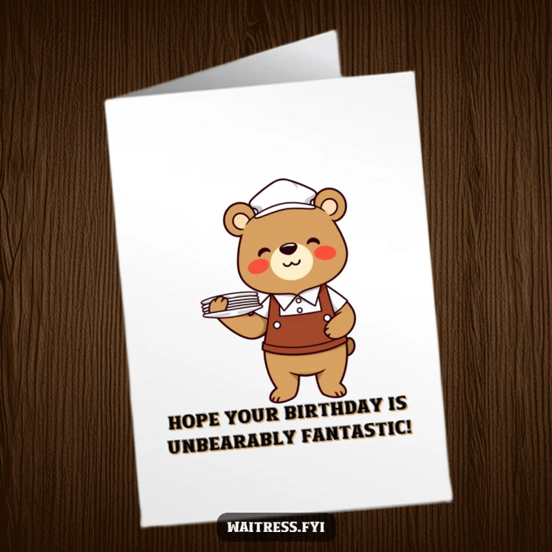Funny Free Printable Birthday Card: A cheerful bear in a waiter uniform precariously balances a tall stack of plates, grinning widely.