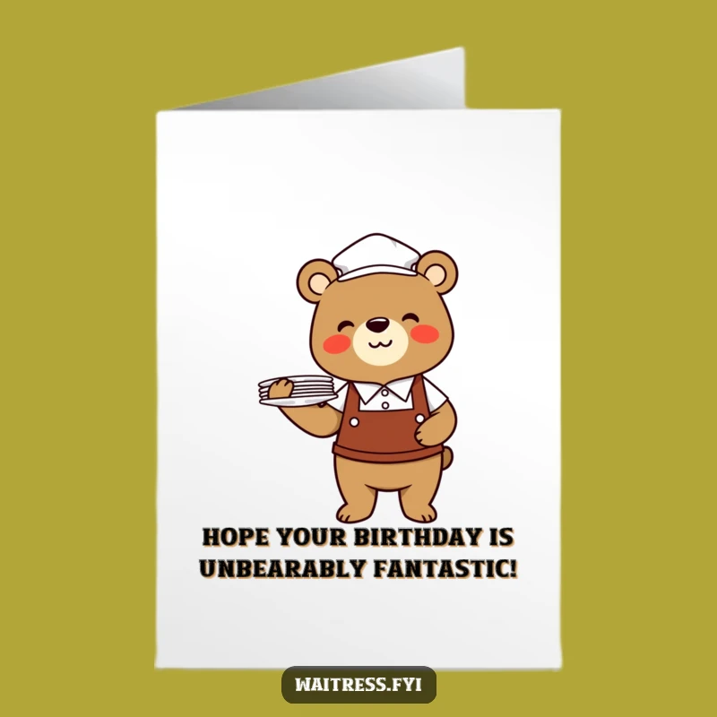 Happy Birthday Card Free Printable: Cheerful Bear Waiter Delivering Fun, A Jolly Downloadable Gift!