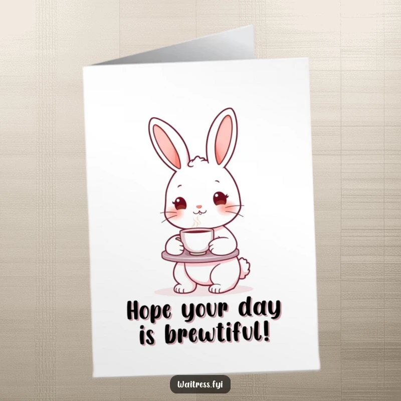 Funny Free Printable Birthday Card: A cute bunny holds a tea tray, offering a steaming cup for a joyful celebration.