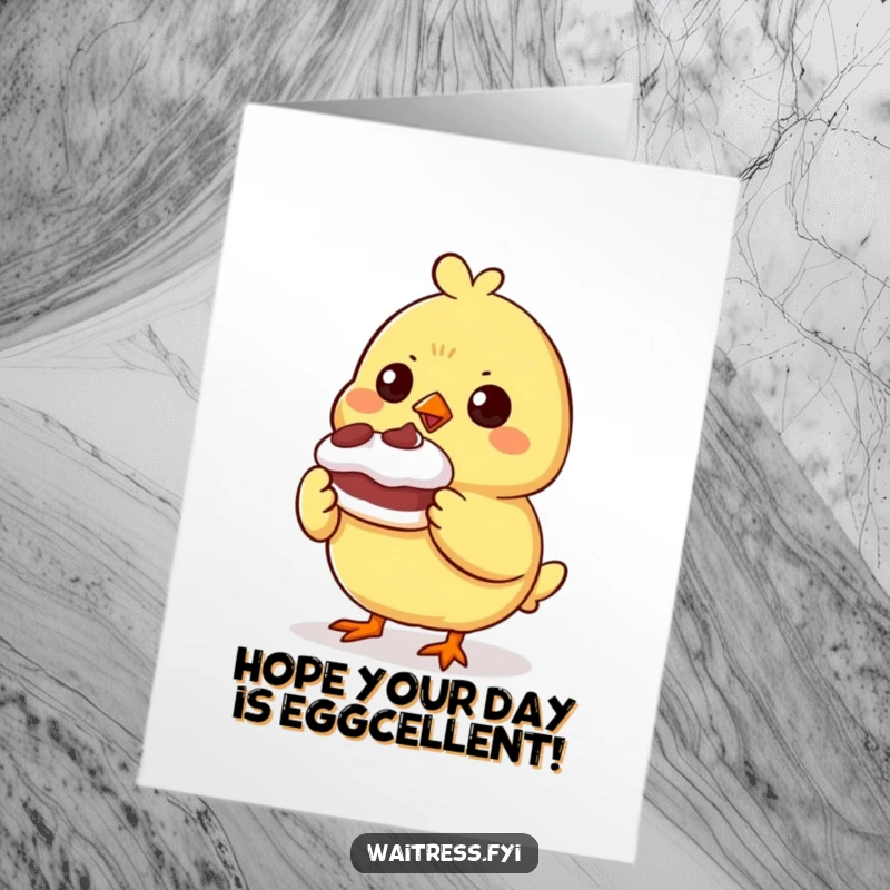 Funny Free Printable Birthday Card: A determined chick proudly presents a small, wobbly dessert for birthday celebrations.