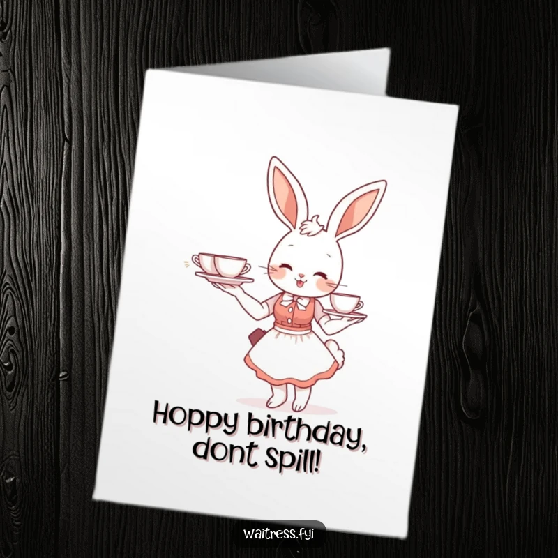 Funny Free Printable Birthday Card: A smiling bunny waitress gracefully balancing a tray overflowing with teacups.
