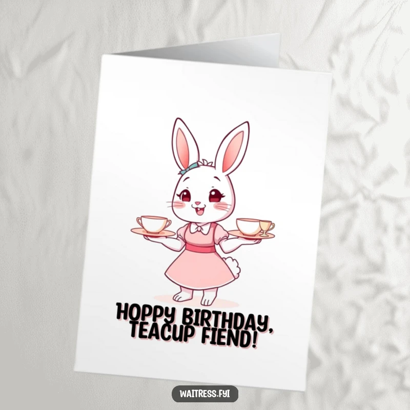 Funny Free Printable Birthday Card: Cheerful bunny waitress balancing a tray of tiny teacups, ready to serve up birthday cheer.