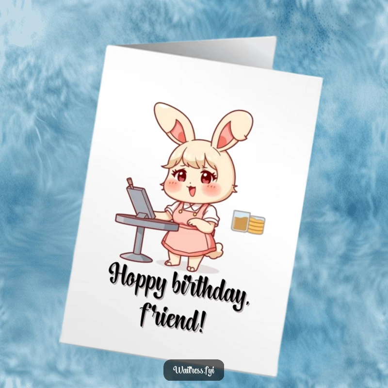 Funny Free Printable Birthday Card: Chubby bunny waitress with big ears, enthusiastically taking an order with pure glee.
