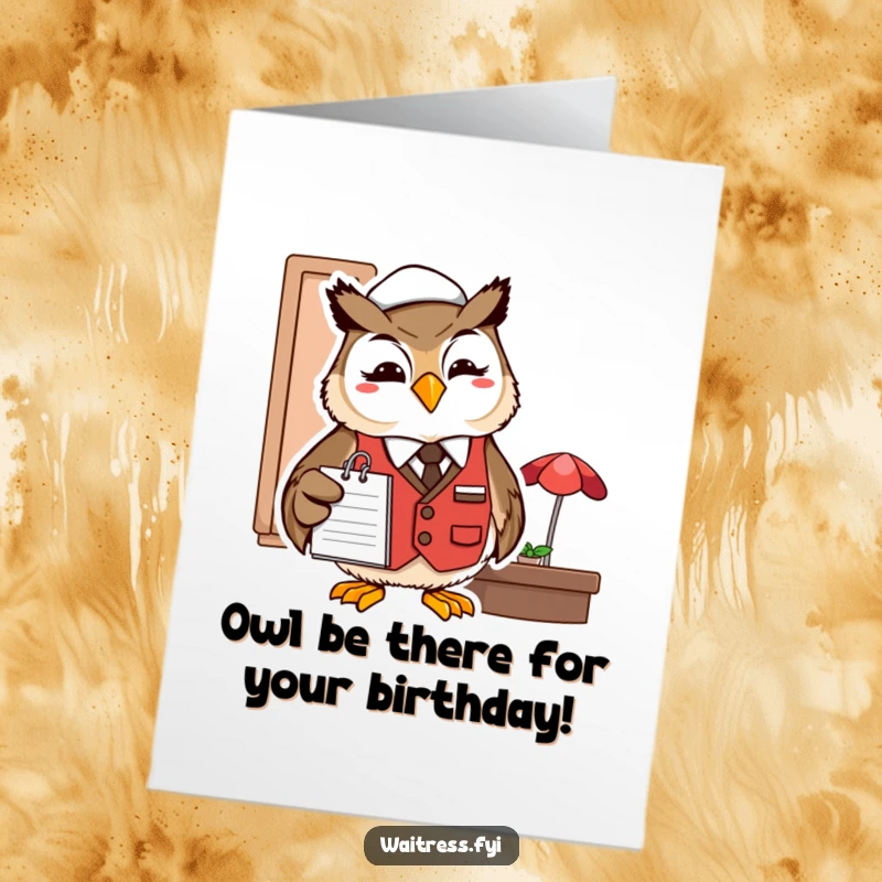 Funny free printable birthday card: A smiling owl wearing a restaurant vest, attentively holding a notepad and pen.