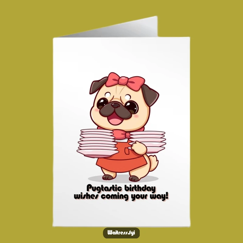 Free Printable Funny Pug Waitress Birthday Card - Hilarious Dog Downloadable Gift!