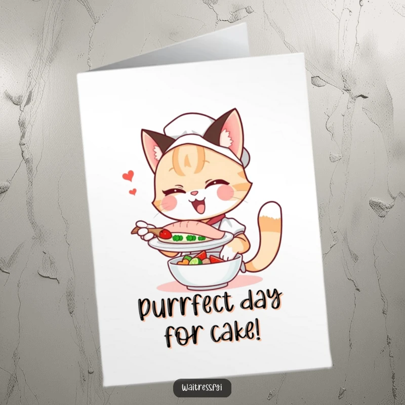 Funny Free Printable Birthday Card featuring a winking cat waitress holding a fish dish with a playful expression.