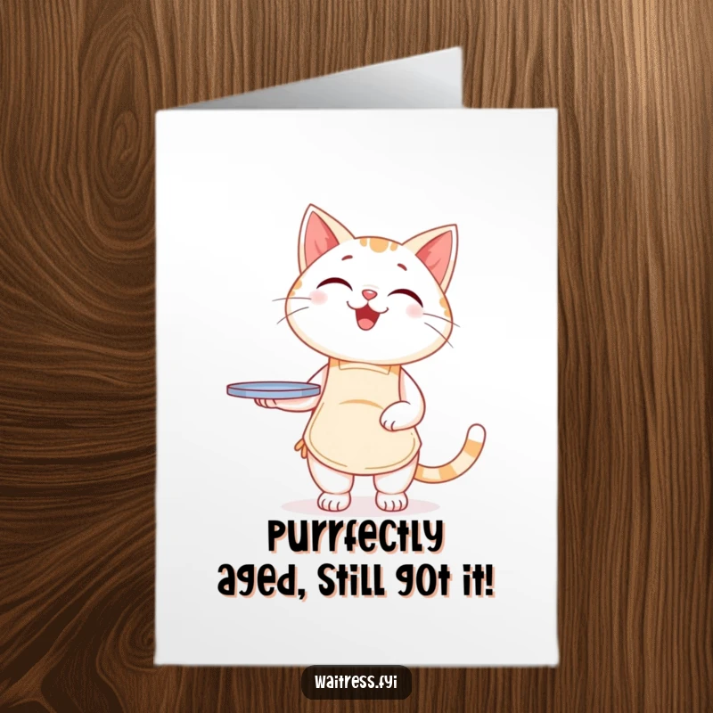 Funny Free Printable Birthday Card: A smiling cat in an apron balancing a tray precariously.