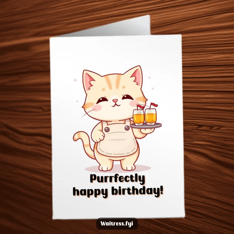 Funny Free Printable Birthday Card: Cute kawaii cat in apron, expertly balancing a tray of drinks for your celebration.