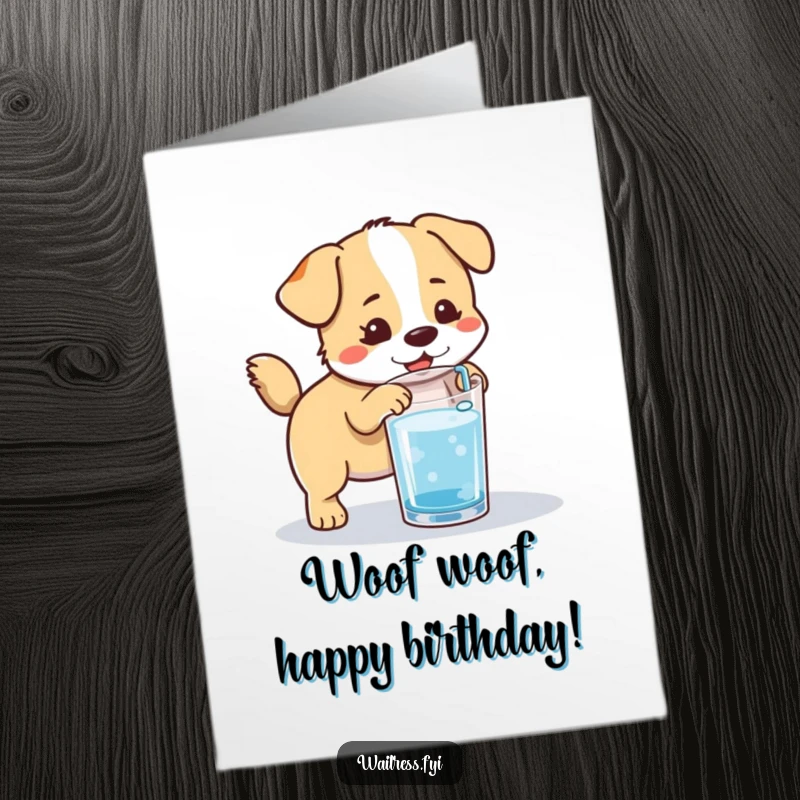 Funny Free Printable Birthday Card: A happy kawaii dog eagerly refills a glass, tail wagging joyfully.