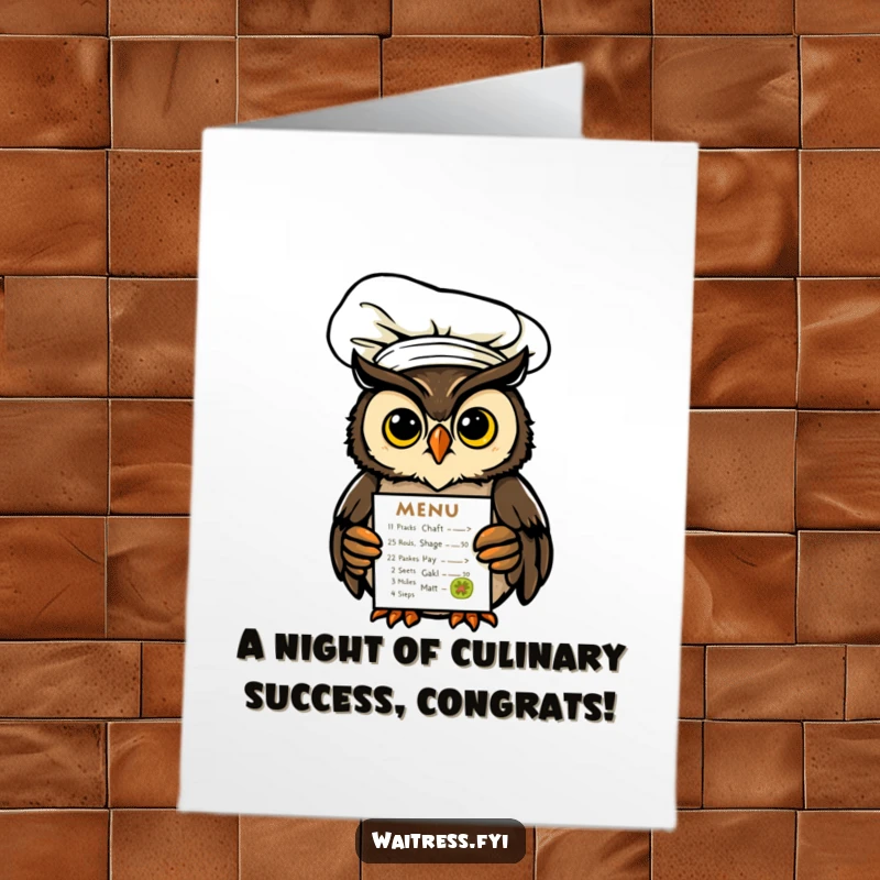 Funny Free Printable Congratulations Card: An owl chef in a hat proudly offers a glowing menu, celebrating an achievement with a flourish.