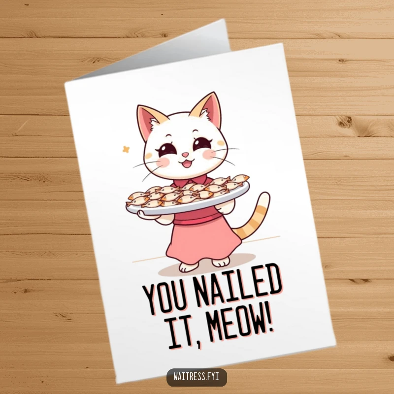 Funny Free Printable Congrats Card: Happy cat waitress balances a tray overflowing with tiny fish, celebrating success.