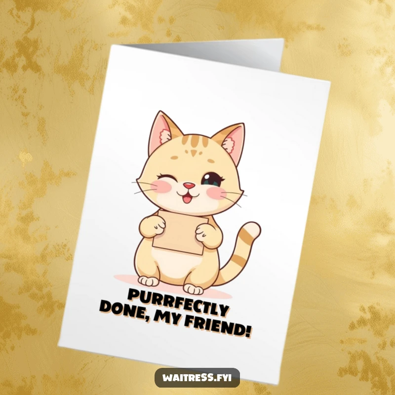 Funny Free Printable Congratulations Card: A happy cat nods politely, acknowledging success with a twinkling eye.
