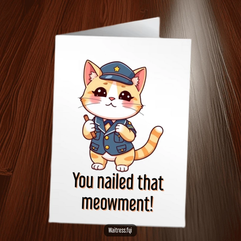 Funny Free Printable Congratulations Card: A playful cat in uniform winks knowingly while taking down your celebratory order.