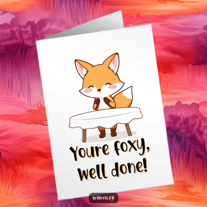 Free Printable Congratulations Card: A blushing fox curtsies politely after tidying a table, celebrating an accomplishment with charm.