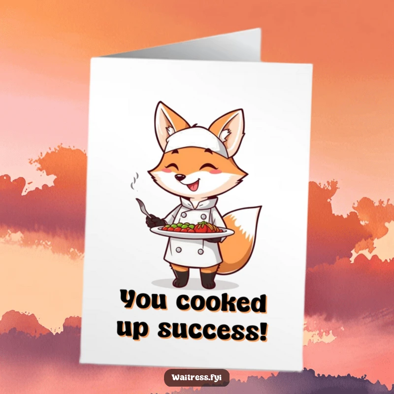 Funny Free Printable Congratulations Card: A smiling fox chef presenting a beautifully garnished plate, ready to impress with a flourish.