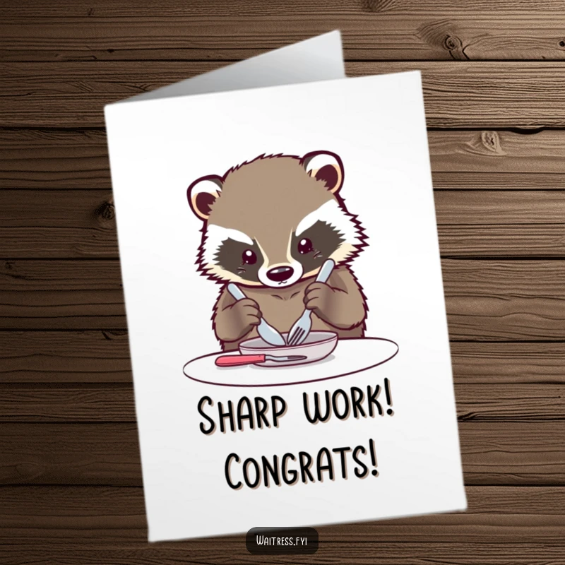 Funny Free Printable Congratulations card showing a kawaii badger carefully arranging cutlery with perfect precision, symbolizing a well-executed success.