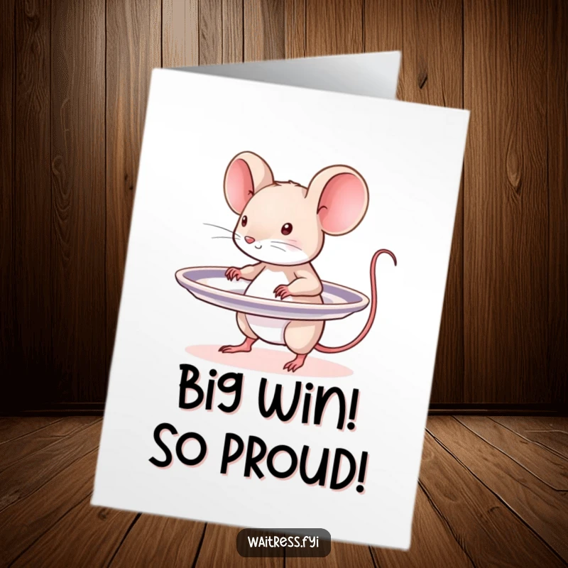 Funny Free Printable Congrats Card: A small mouse bravely carries a huge platter of success.