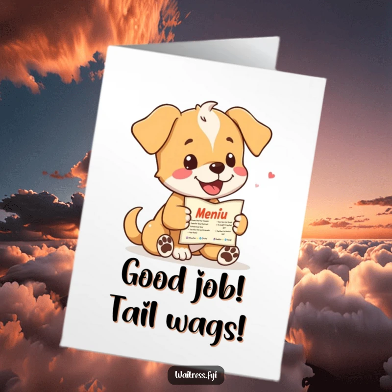 Funny Free Printable Congrats Card: A happy puppy enthusiastically presents a menu of congratulations.