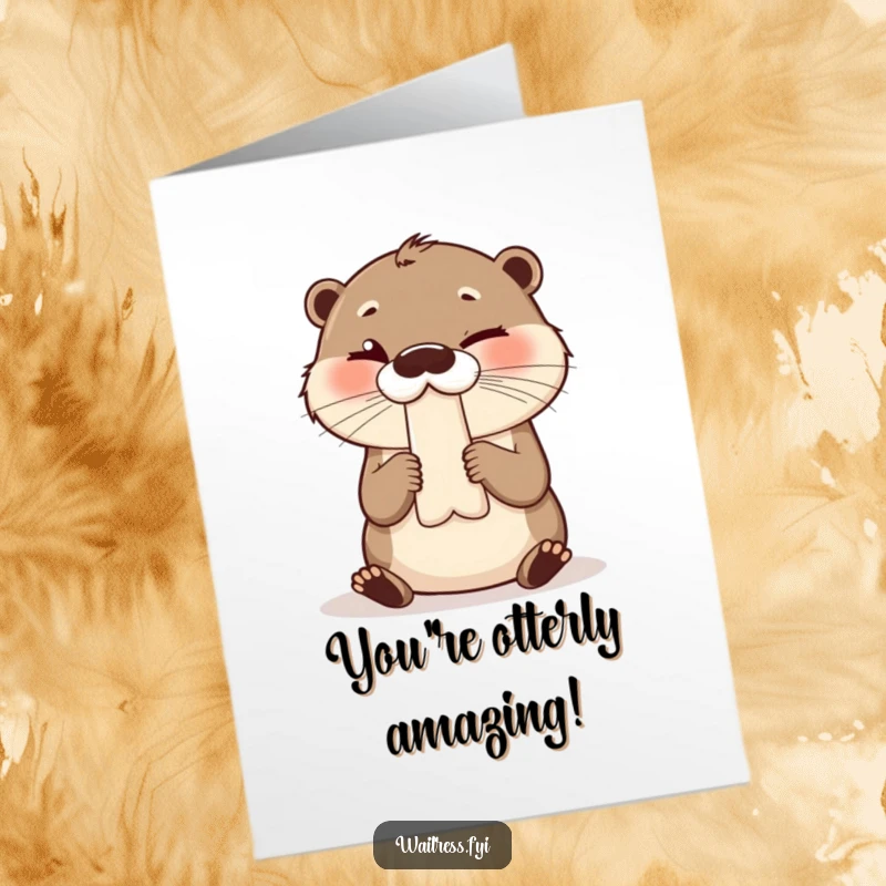 Funny Free Printable Congratulations Card: Giggling otter winks mischievously while handing over a bill for their success.