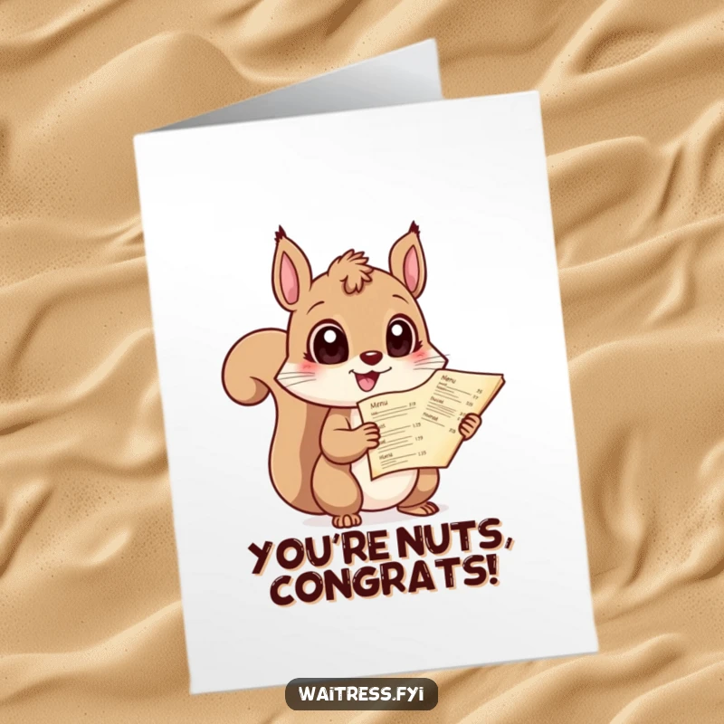 Funny Free Printable Congrats Card shows a giggling squirrel with large, eager eyes presenting a menu, inviting celebration and good times.
