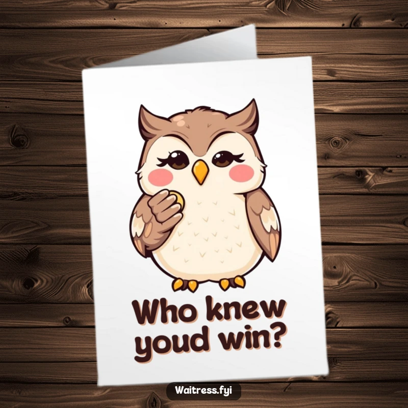 Free Printable Congrats Card: Sly Kawaii owl presenting a bill with a knowing wink, acknowledging your achievement.
