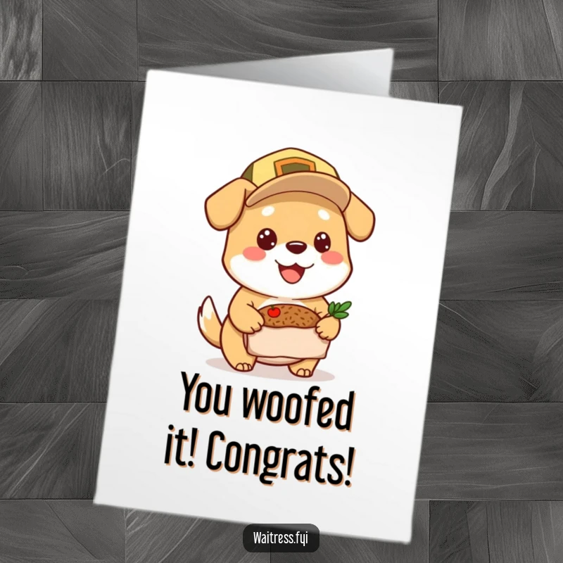 Funny Free Printable Congratulations Card: A happy dog in a cap holds a tiny meal, symbolizing successful delivery of good news.
