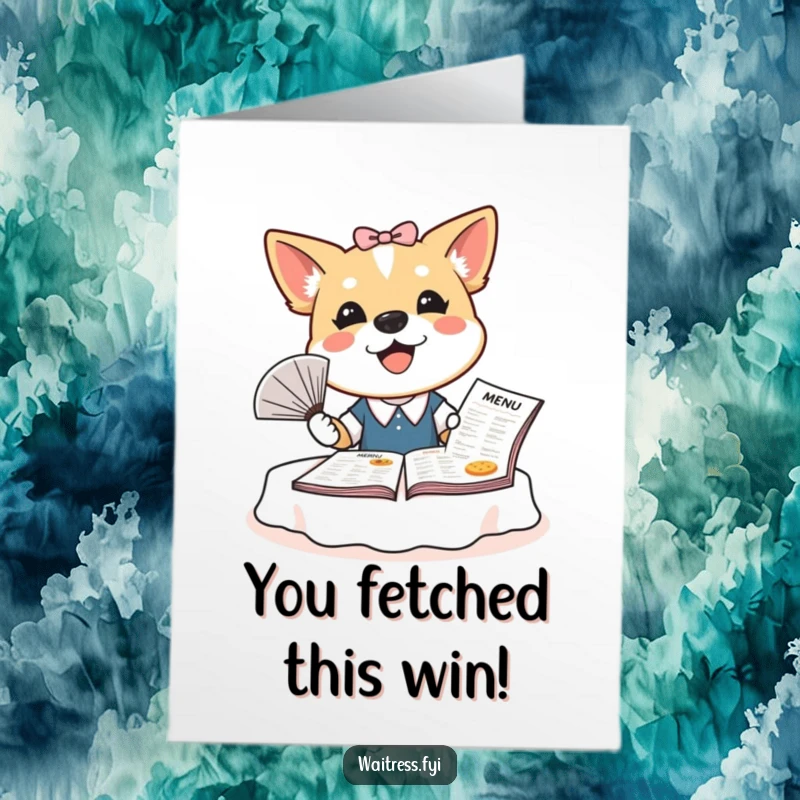 Funny Free Printable Dog Waitress Congrats Card: Bubbly dog waitress holding a menu, fanning excitedly to celebrate an achievement.