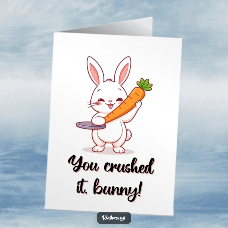 Funny Free Printable Congratulations Card: A happy rabbit server gracefully offers a single, perfect carrot for success.
