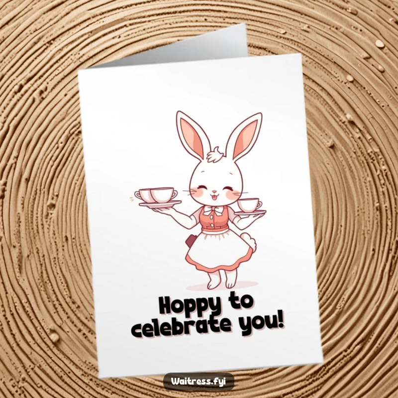 Funny Free Printable Congrats Card: A smiling bunny waitress expertly balancing a tray of delicate teacups.