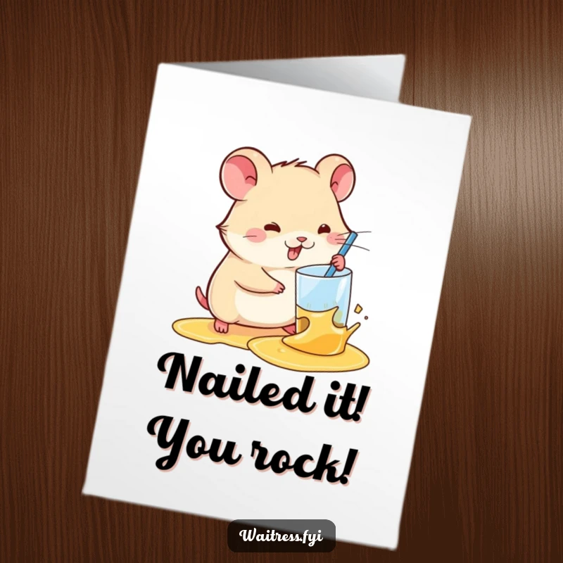 Funny Free Printable Congratulations card featuring a kawaii hamster efficiently wiping a spilled drink, symbolizing overcoming challenges with style.