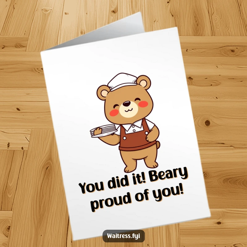 Funny Free Printable Congratulations Card: A bear waiter in uniform with a huge smile, expertly balancing a stack of plates, signifying success.