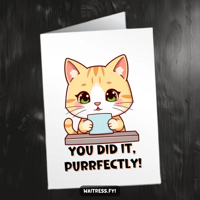 Funny Free Printable Congratulations Card: A focused kawaii cat takes an order, celebrating your success.