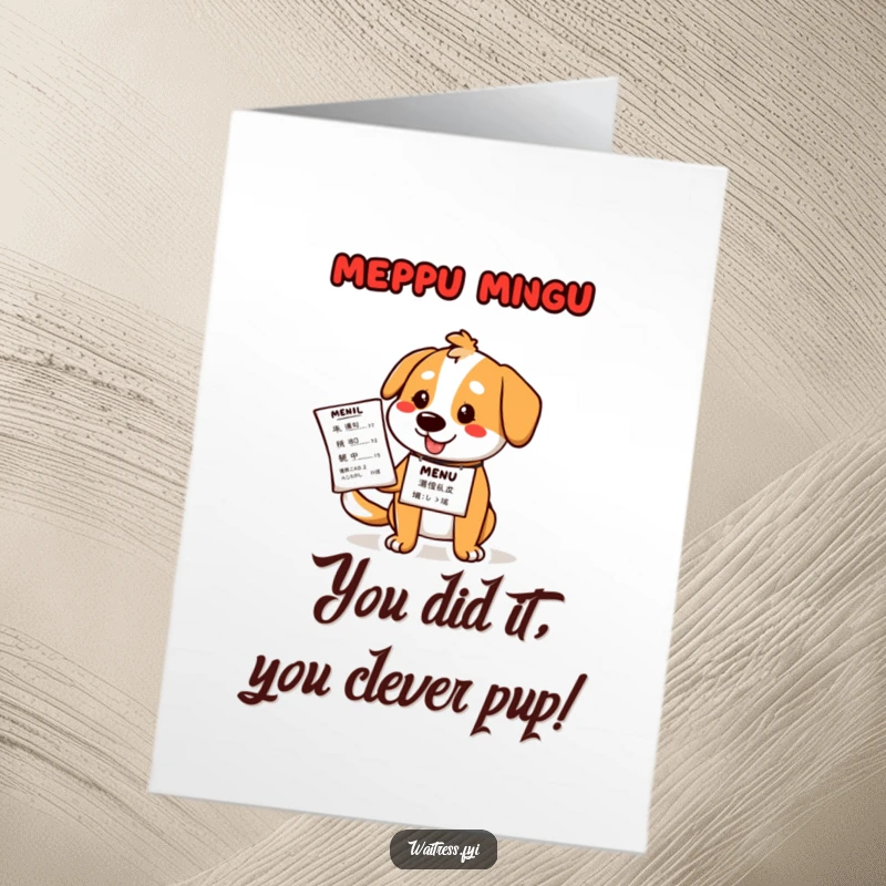 Funny Free Printable Dog Congratulations Card: A cartoon dog wearing a nametag offers a menu, sharing happy news with a cheerful bark.