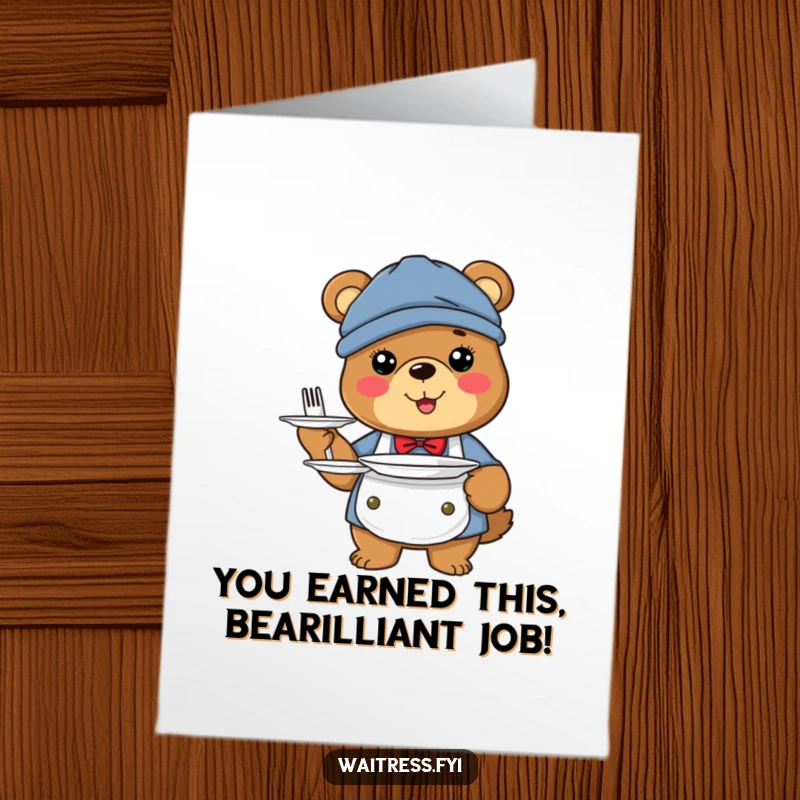 Funny free printable congratulations card: A happy bear server in uniform proudly presenting a plate with a congratulatory message.