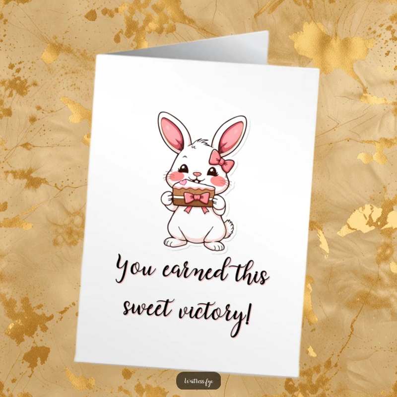 Funny Free Printable Congratulations Card: A playful bunny offers a slice of cake with a bow, celebrating a wonderful achievement.