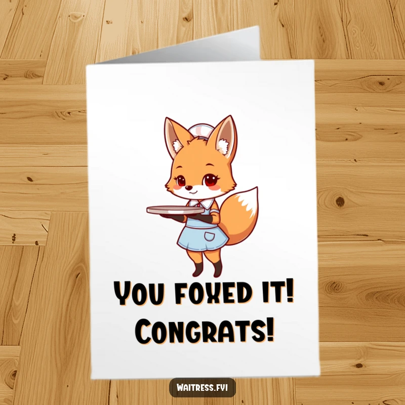 Funny free printable congratulations card: A dapper fox in a diner uniform proudly holding a tray of celebratory drinks.