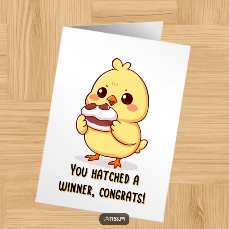 Funny Free Printable Congratulations Card: A determined chick proudly presents a small, delightfully wobbly dessert, celebrating your achievement.