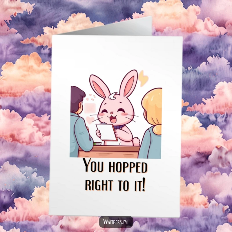 Funny free printable pink rabbit character cheerfully taking an order with a notepad, congratulations.