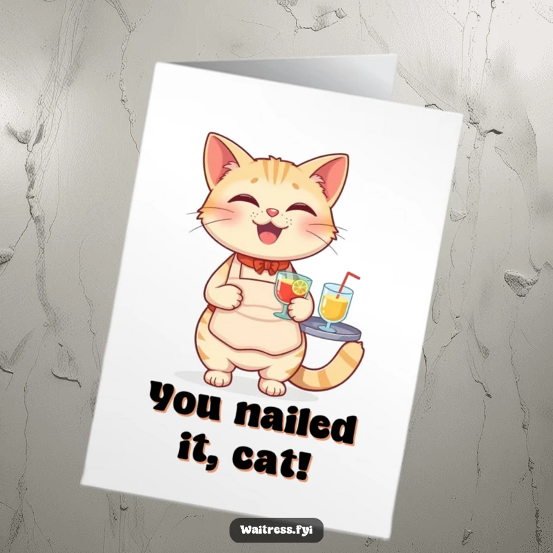 Funny Free Printable Congrats Card: A cat in an apron serves drinks, cheering success.