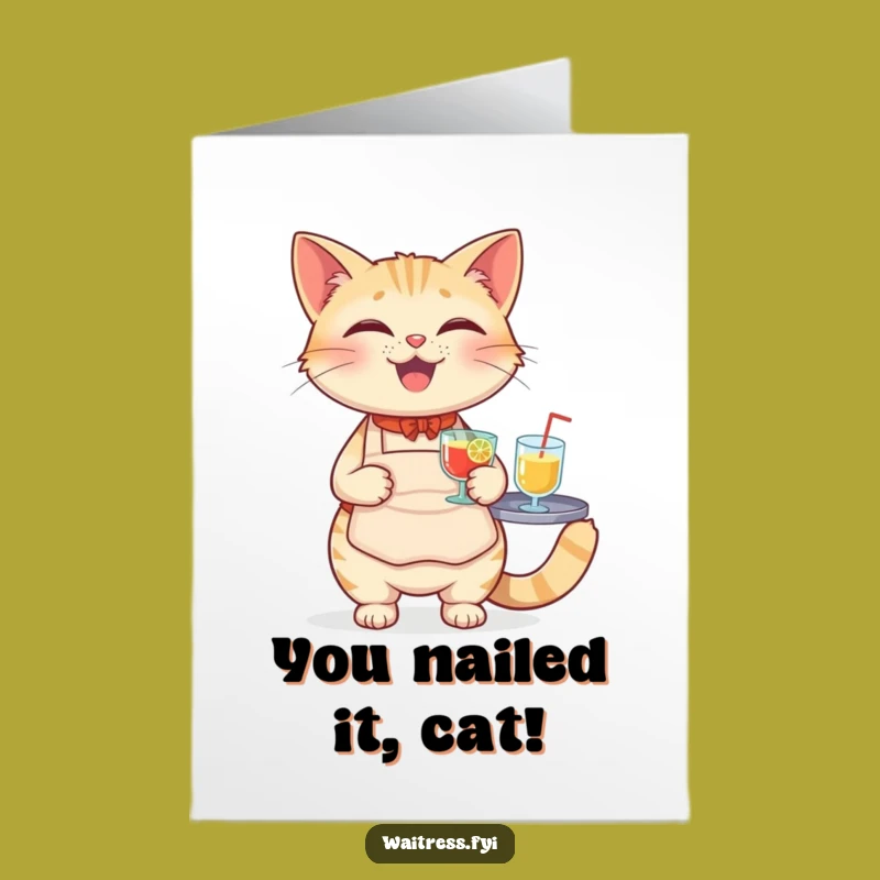 Free Printable Congrats Card: Funny Cat Waiter Celebrating Success DIY Gift