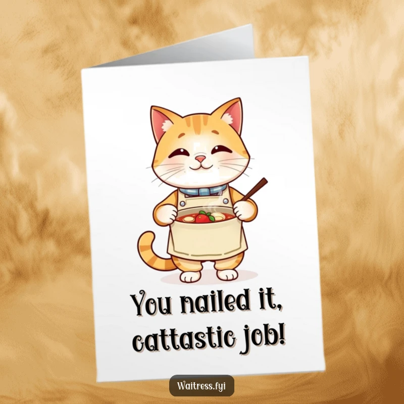Funny Free Printable Congratulations Card: Proud cat wearing an apron presenting a steaming bowl, celebrating a downloadable success.
