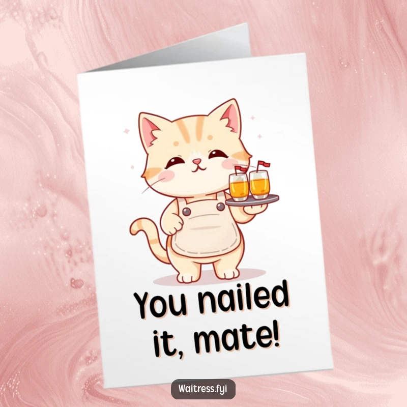 Funny Free Printable Congratulations Card: Adorable kawaii cat wearing an apron, skillfully serving drinks to celebrate your win.