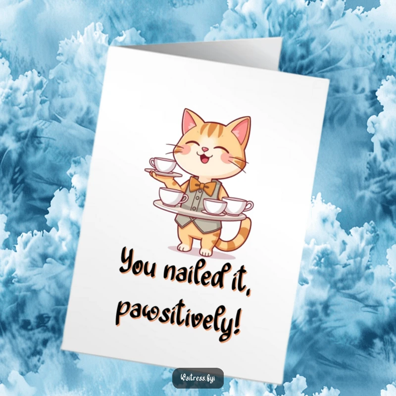 Funny Free Printable Congrats Card: A suave cat waiter in a bowtie holds a tray of teacups, offering a celebratory toast.