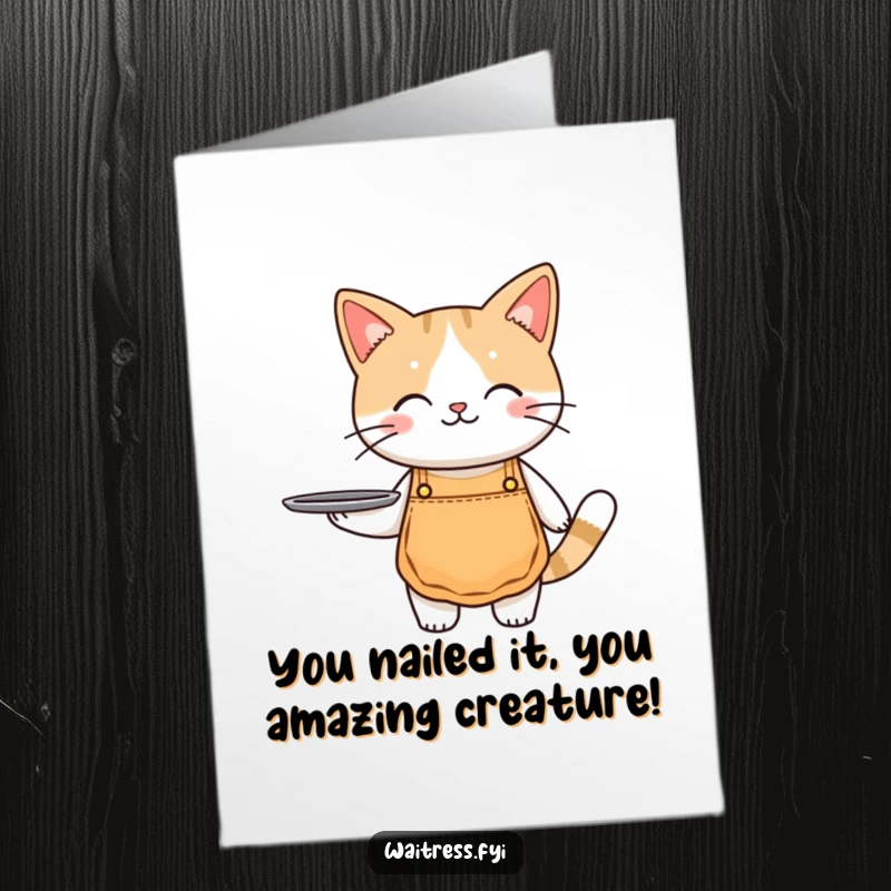 Funny Free Printable Congratulations Card: A cute cat wearing an apron and holding a tray, smirking with pride to celebrate your win.