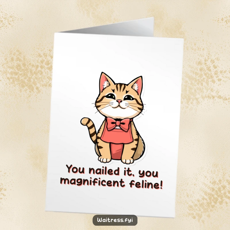 Funny free printable congratulations card: A sophisticated cat in a bowtie and apron holding out a certificate of achievement.