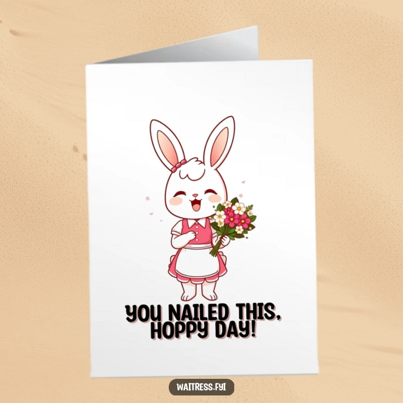 Funny Free Printable Congrats Card: Cheerful bunny waitress presents a flower bouquet with a curtsey, celebrating success.