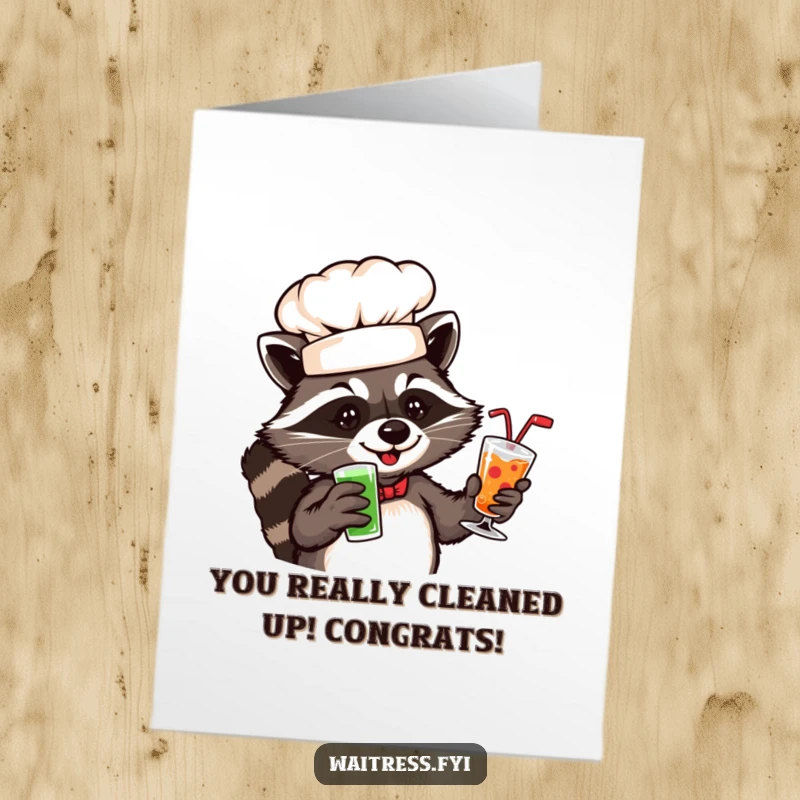 Funny free printable congratulations card: A playful raccoon in a chef hat proudly presenting a drink with a congratulatory garnish.
