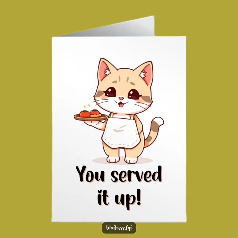 Free Printable Congrats Card: Kawaii Cat Waiter Delivers Success with Food Tray